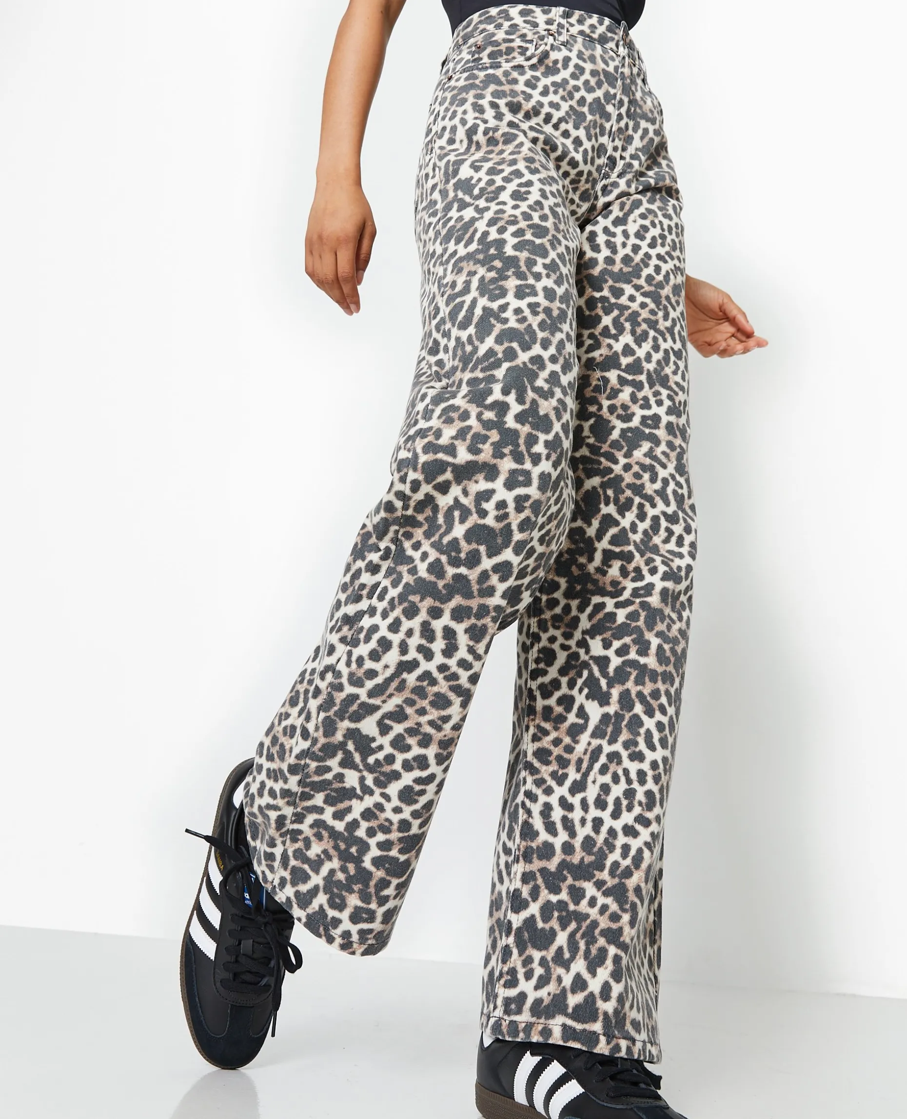 Jean Droit Taille Haute Motif Léopard - Taupe