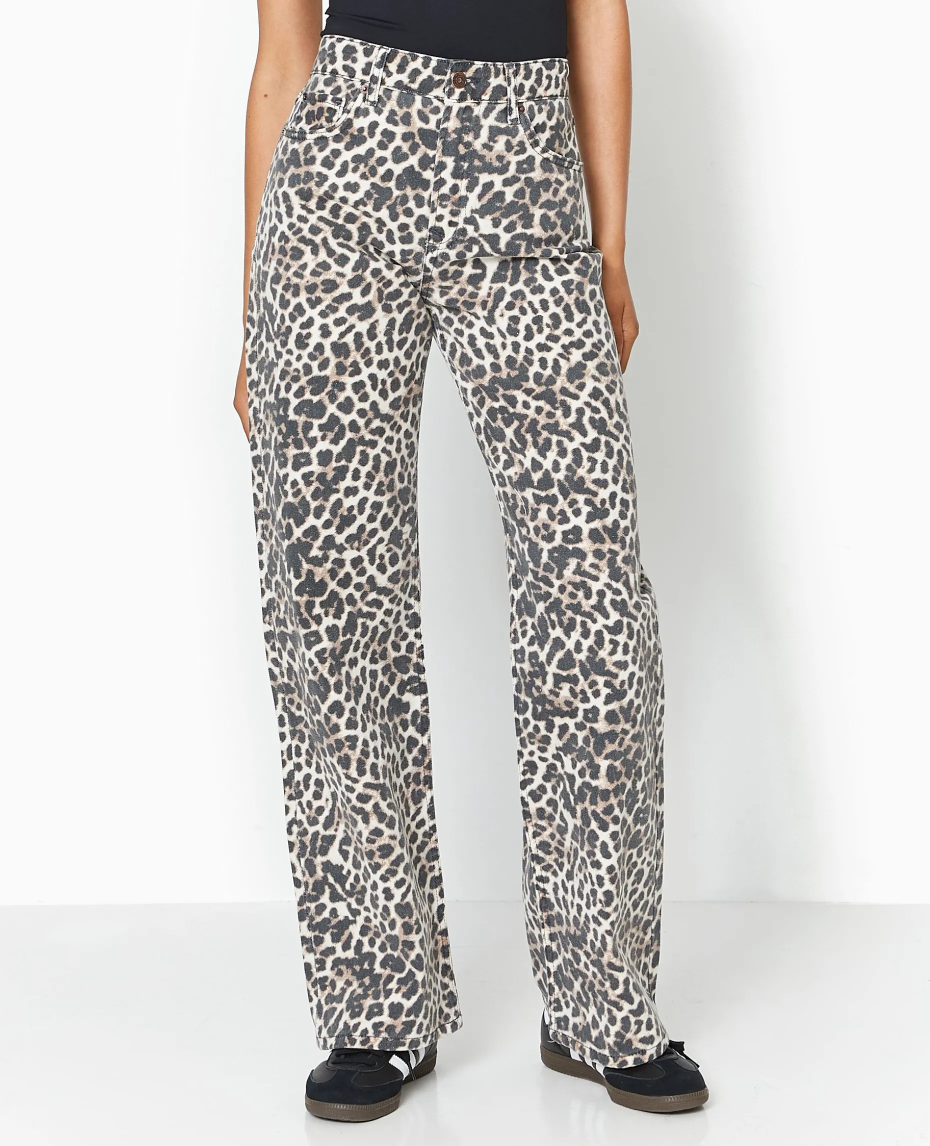 Jean Droit Taille Haute Motif Léopard - Taupe