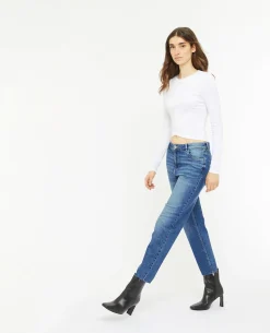 Jean Droit Taille Regular Avec Bas Effilochés - Bleu