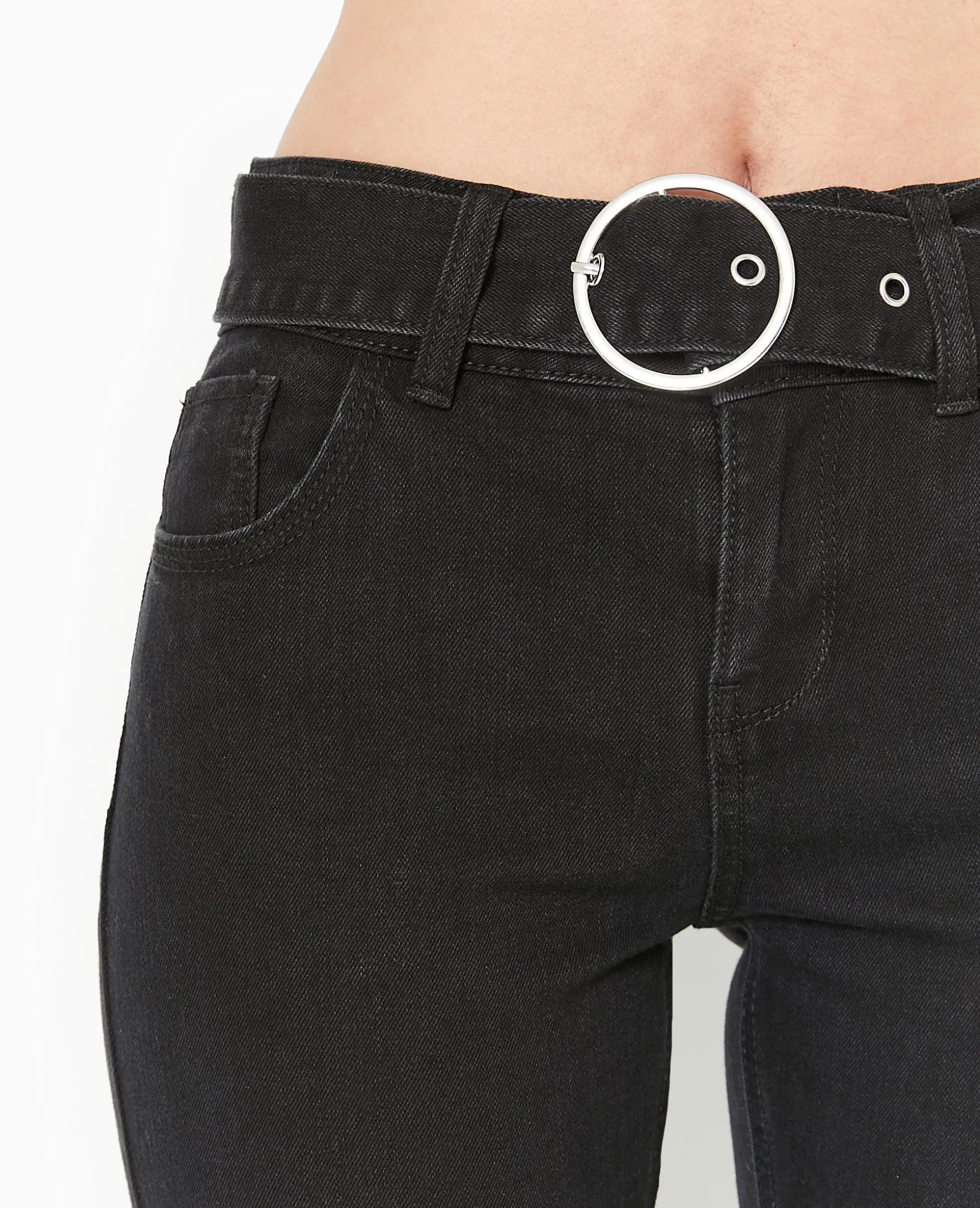 Jean Flare Taille Basse Avec Ceinture - Noir