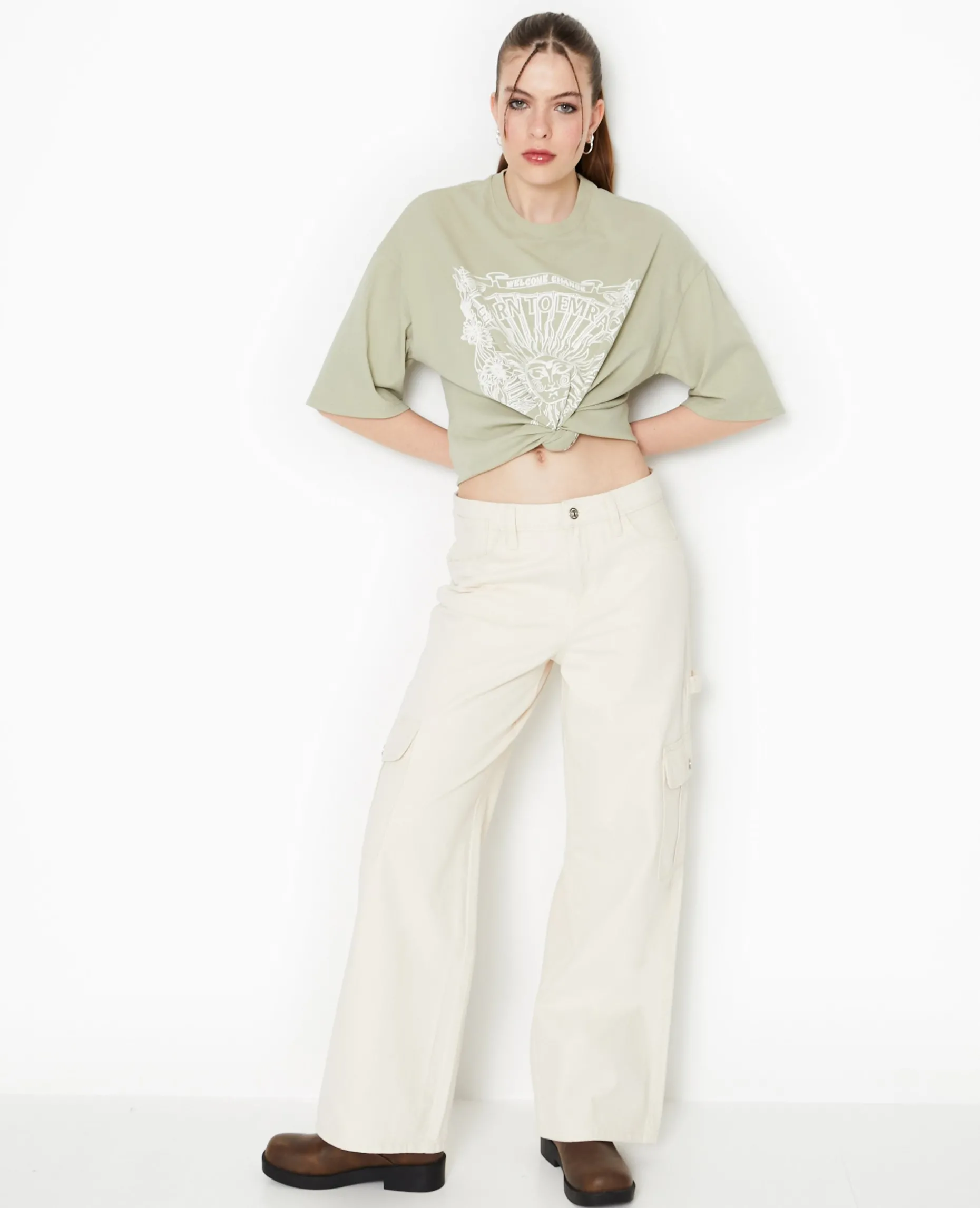 Jean Large Cargo Taille Basse - Beige