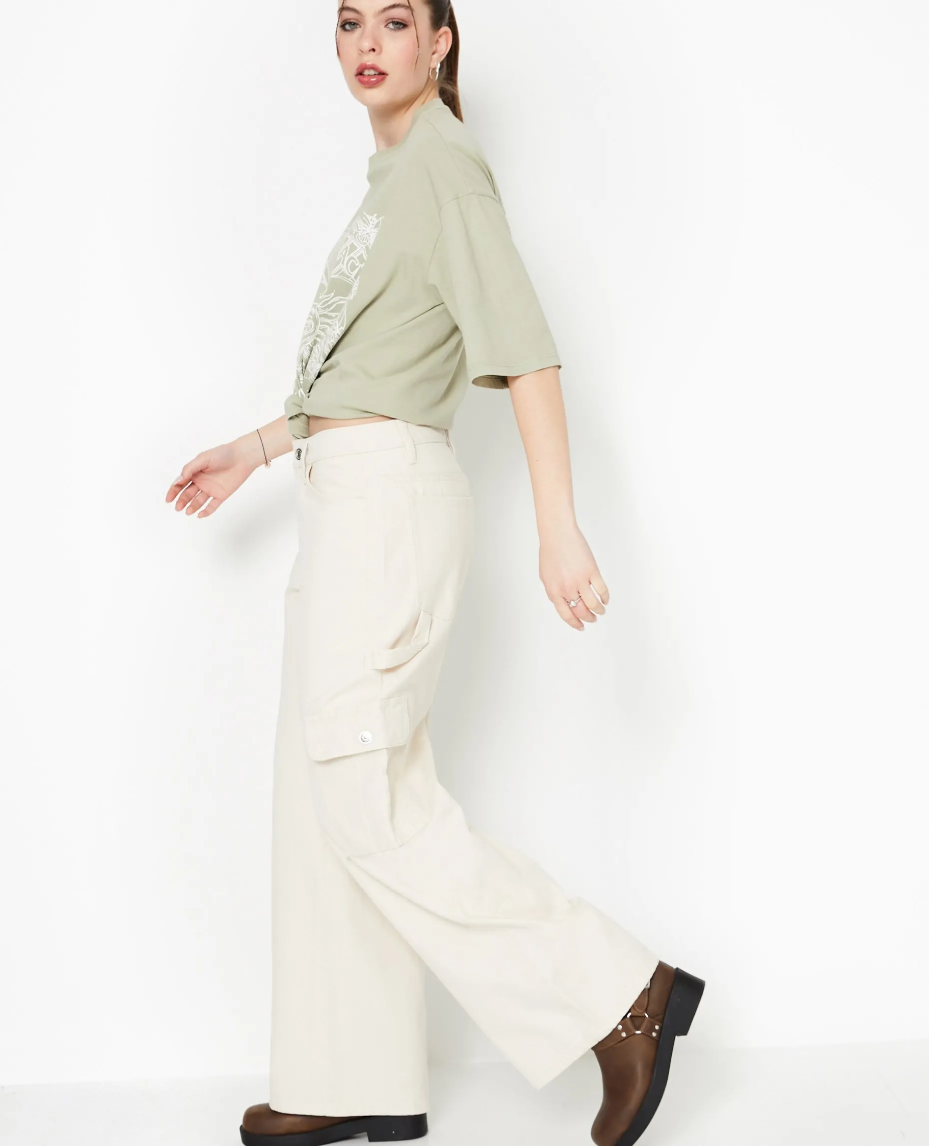 Jean Large Cargo Taille Basse - Beige