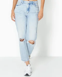 Jean Mom Taille Haute Destroy - Bleu