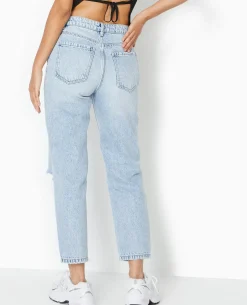 Jean Mom Taille Haute Destroy - Bleu