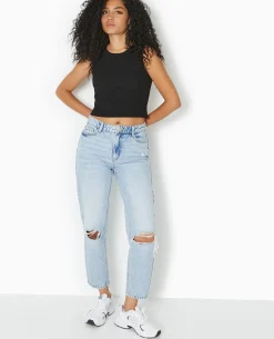 Jean Mom Taille Haute Destroy - Bleu