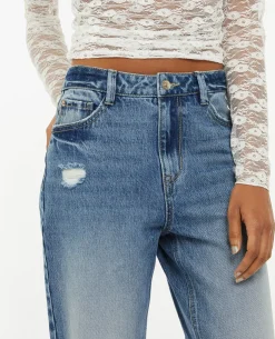 Jean Mom Taille Haute Trashé - Bleu