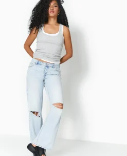 Jean Wide Taille Basse Destroy - Bleu Clair