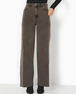 Jean Wide Taille Haute Avec Bas Coupés - Marron