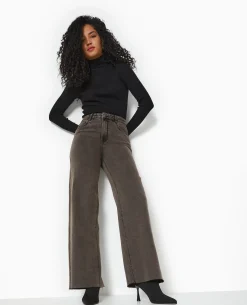 Jean Wide Taille Haute Avec Bas Coupés - Marron