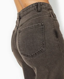 Jean Wide Taille Haute Avec Bas Coupés - Marron