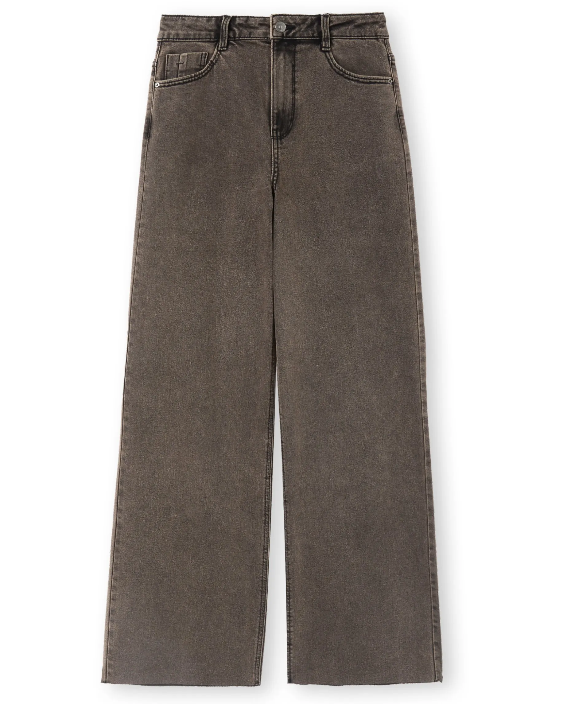 Jean Wide Taille Haute Avec Bas Coupés - Marron