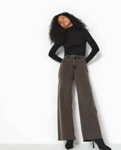 Jean Wide Taille Haute Avec Bas Coupés - Marron