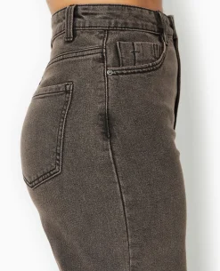 Jean Wide Taille Haute Avec Bas Coupés - Marron