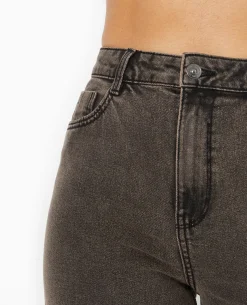 Jean Wide Taille Haute Avec Bas Coupés - Marron
