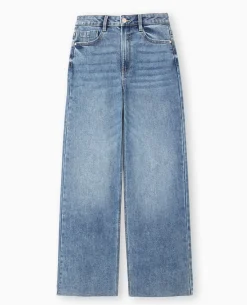 Jean Wide Taille Haute Avec Bas Coupés - Bleu