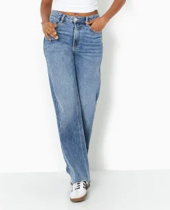 Jean Wide Taille Haute Avec Bas Coupés - Bleu