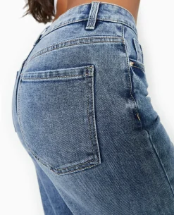 Jean Wide Taille Haute Avec Bas Coupés - Bleu