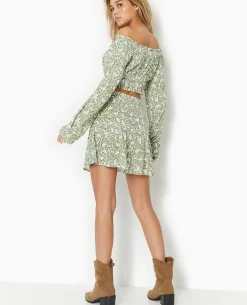 Jupe Courte En Tissu Effet Froissé Motif Fleurs - Vert Kaki