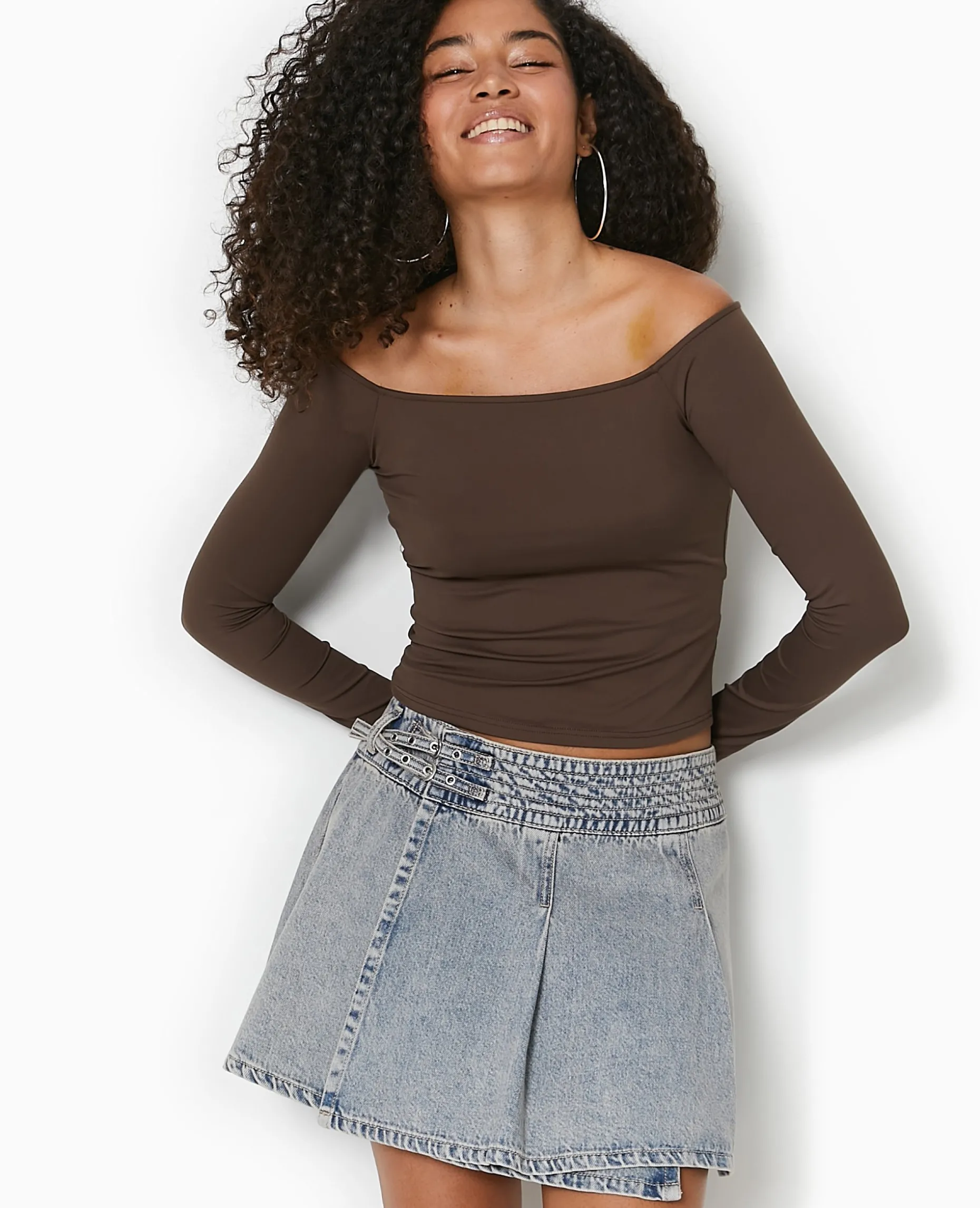 Jupe Courte Portefeuille En Jean Avec Ceintures - Marron