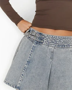 Jupe Courte Portefeuille En Jean Avec Ceintures - Marron