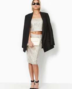 Jupe Droite Avec Sequins Longueur Genoux - Beige
