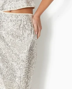 Jupe Droite Avec Sequins Longueur Genoux - Beige