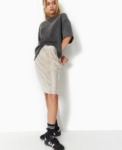 Jupe Droite Avec Sequins Longueur Genoux - Beige
