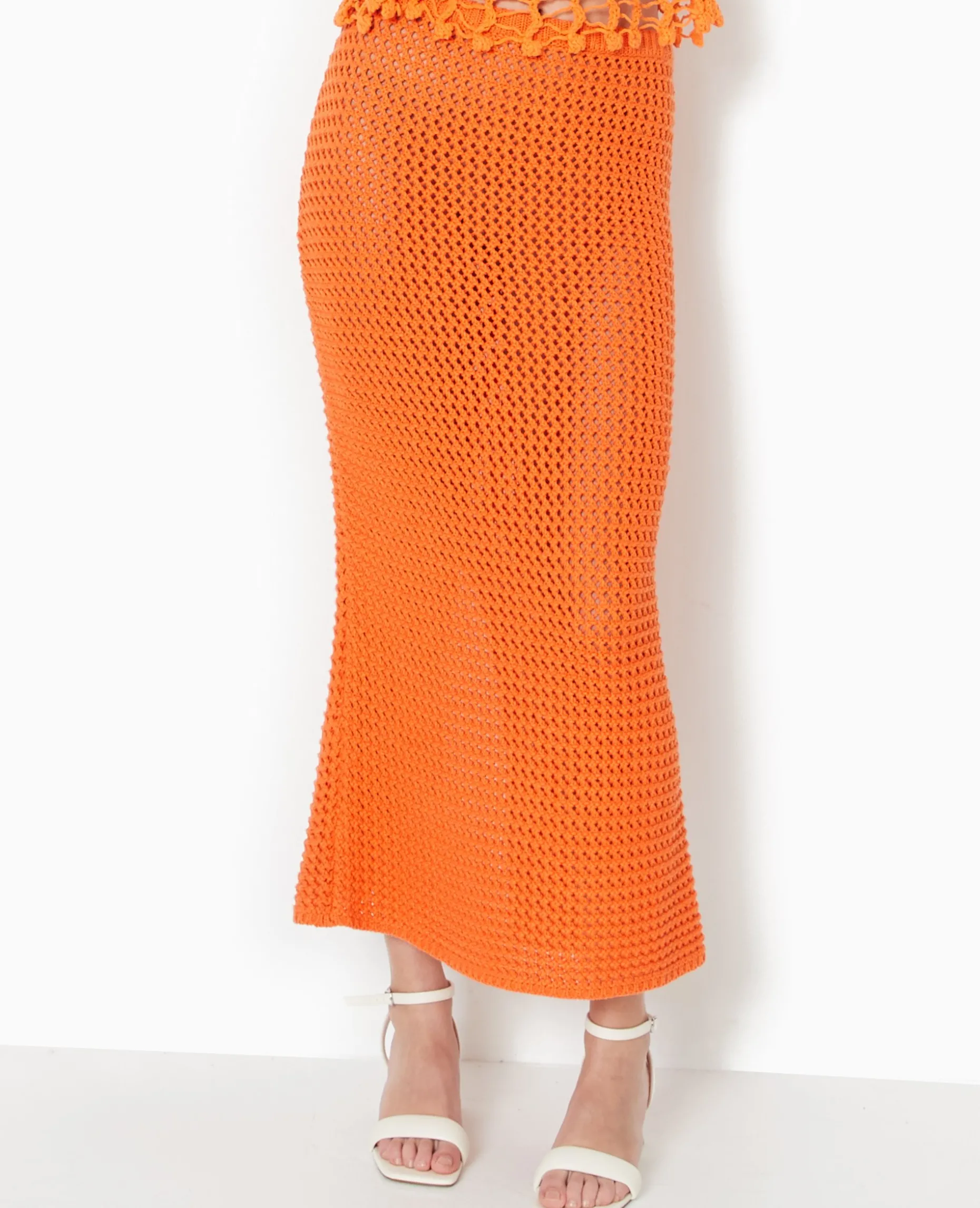 Jupe Droite En Maille Ajourée - Orange