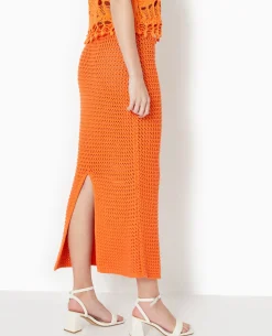 Jupe Droite En Maille Ajourée - Orange
