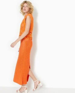 Jupe Droite En Maille Ajourée - Orange