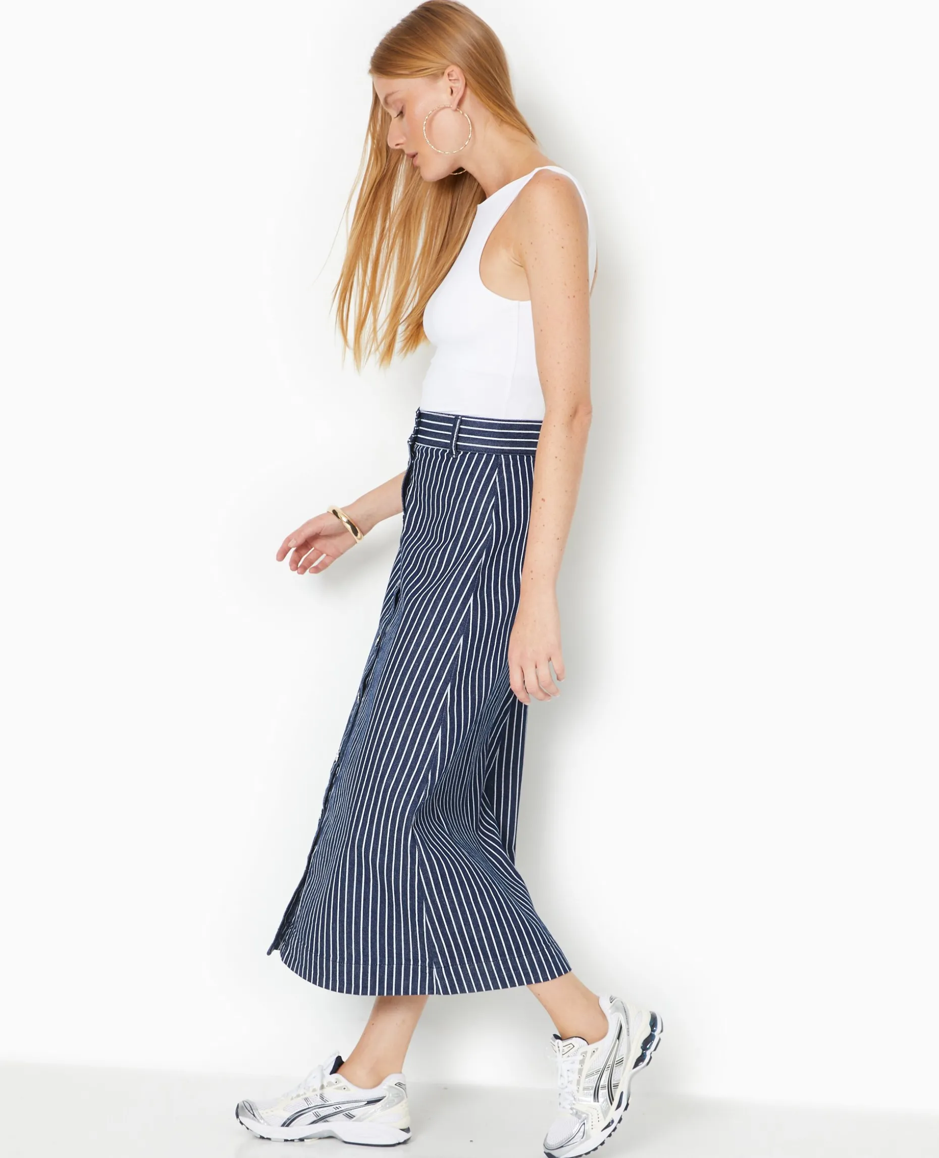 Jupe En Jean Longue Et Boutonnée Avec Rayures - Bleu