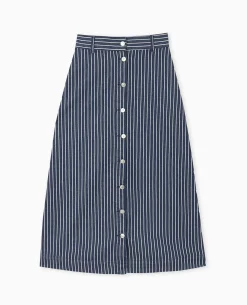 Jupe En Jean Longue Et Boutonnée Avec Rayures - Bleu
