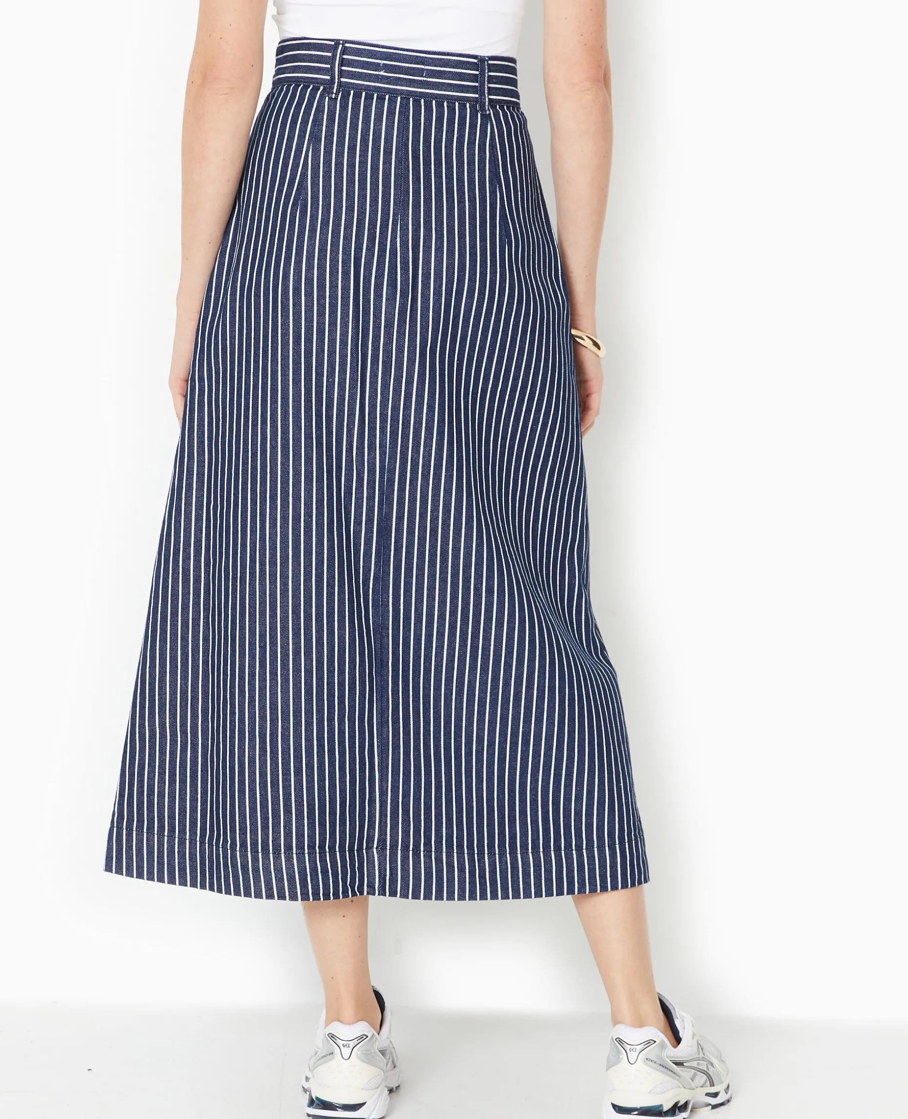 Jupe En Jean Longue Et Boutonnée Avec Rayures - Bleu