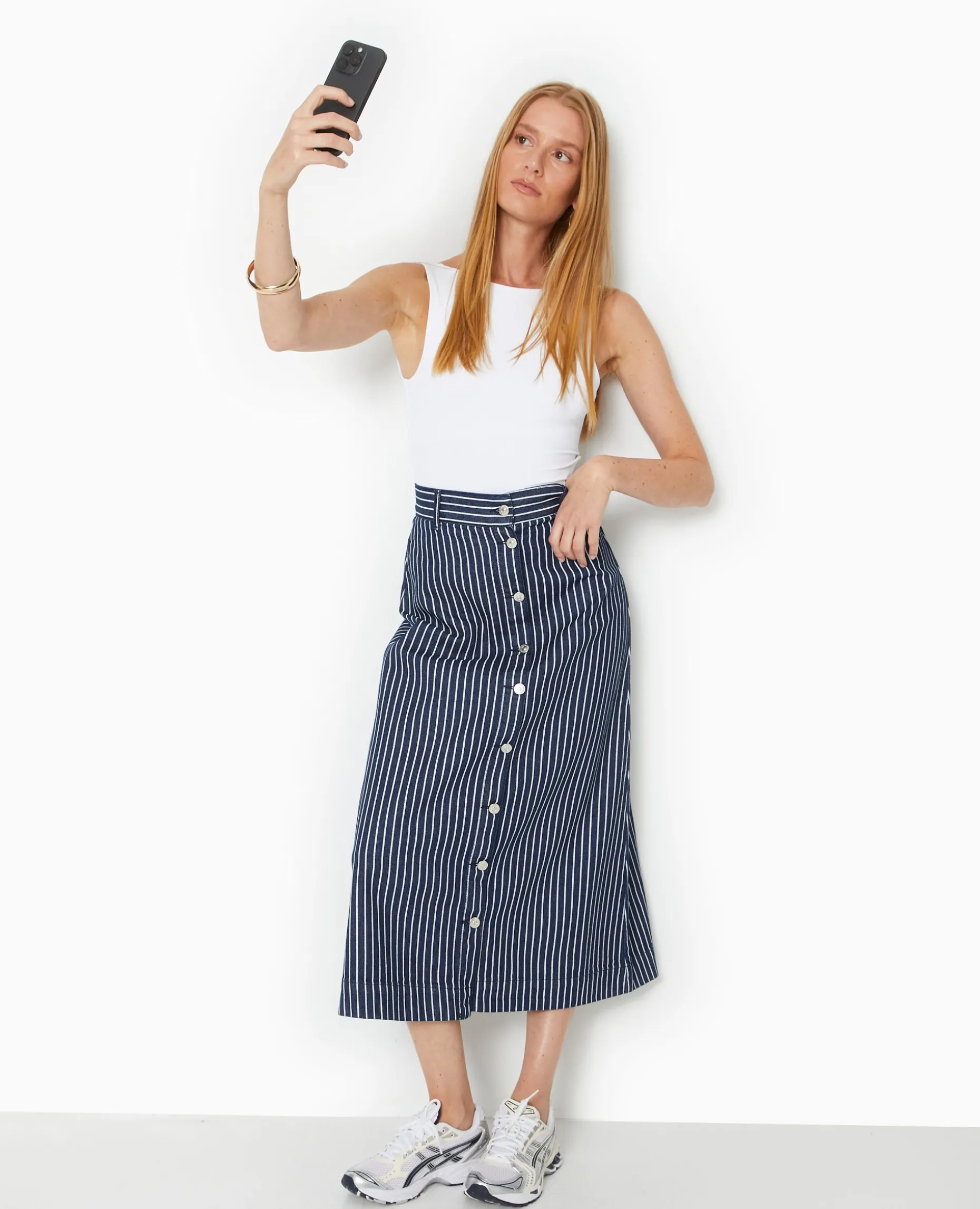 Jupe En Jean Longue Et Boutonnée Avec Rayures - Bleu