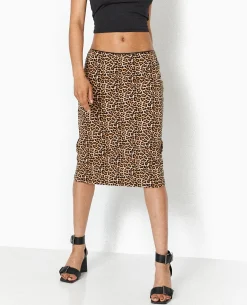 Jupe En Jersey Longueur Genoux Motif Léopard - Marron