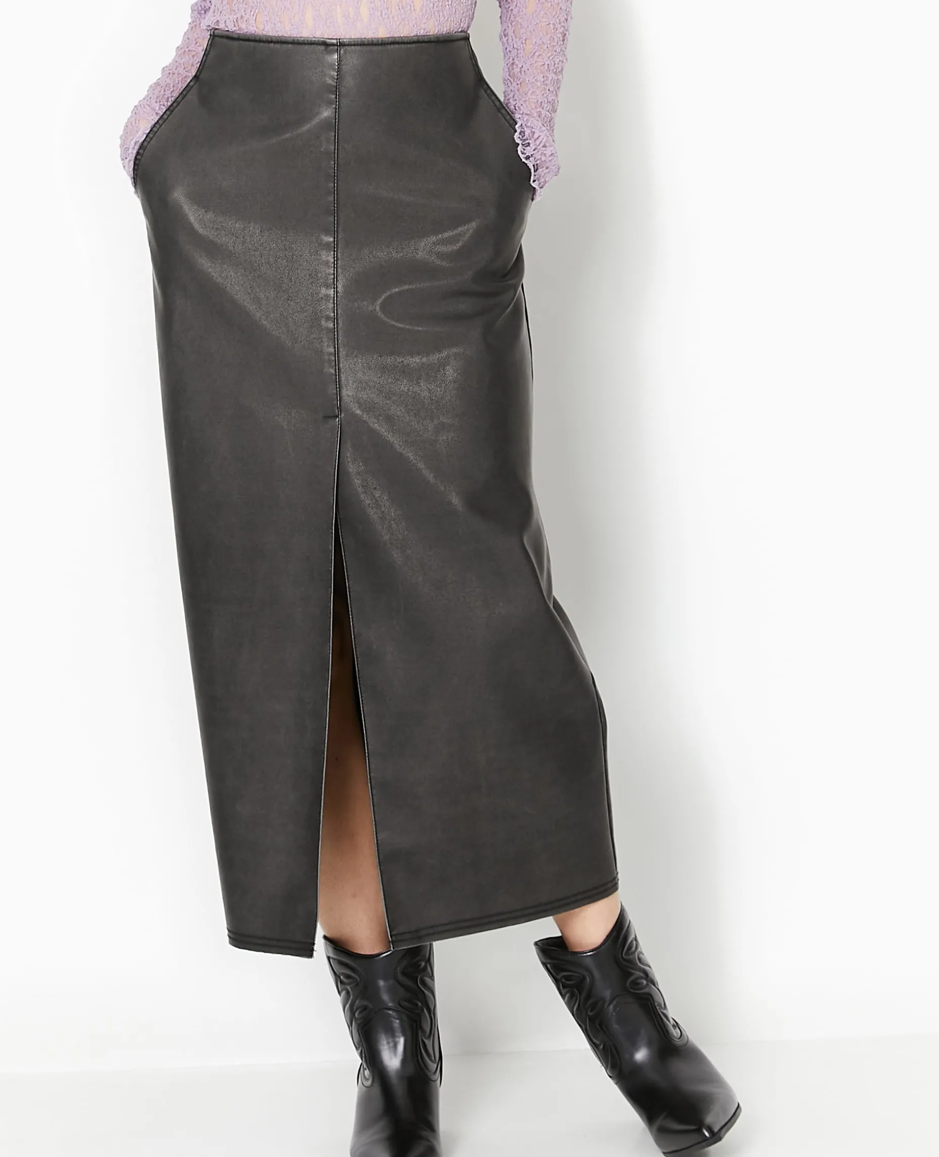 Jupe Longue En Faux Cuir Used - Gris Foncé