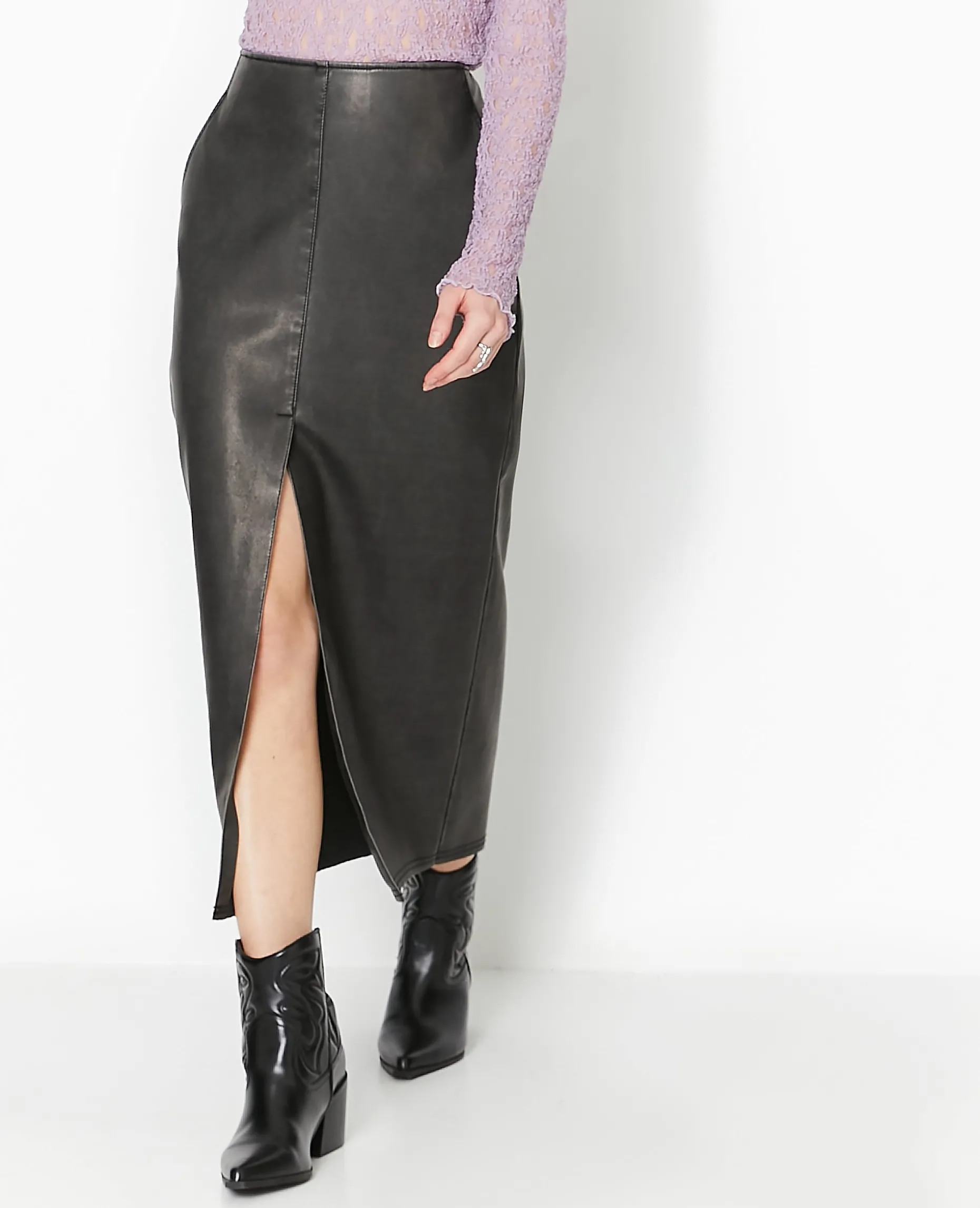 Jupe Longue En Faux Cuir Used - Gris Foncé