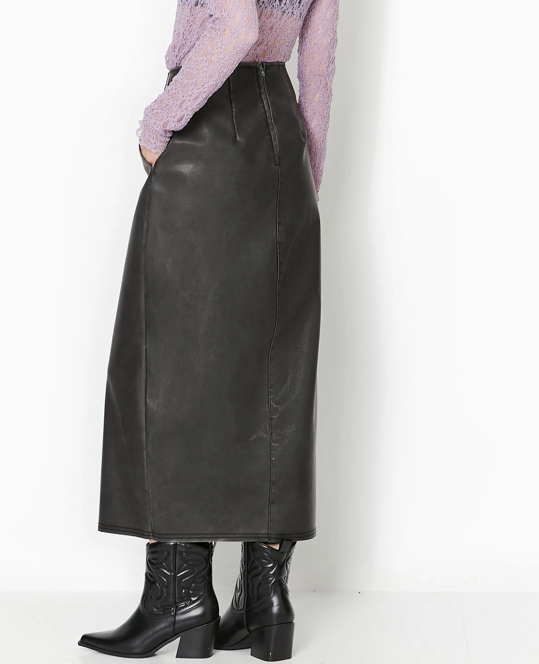 Jupe Longue En Faux Cuir Used - Gris Foncé