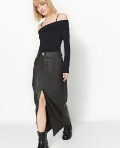 Jupe Longue En Faux Cuir Used Avec Poches - Gris Foncé