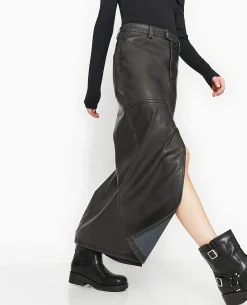 Jupe Longue En Faux Cuir Used Avec Poches - Gris Foncé
