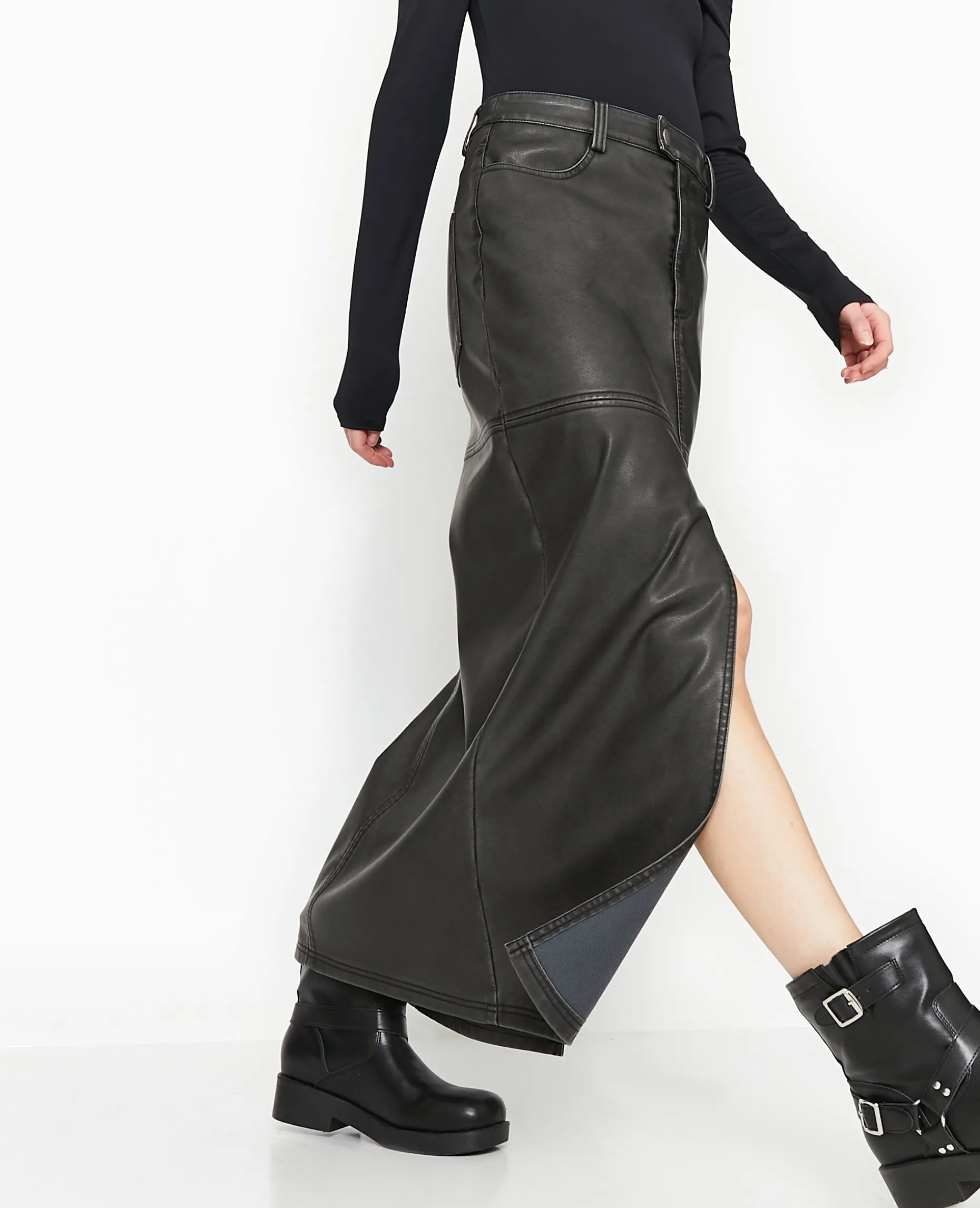 Jupe Longue En Faux Cuir Used Avec Poches - Gris Foncé
