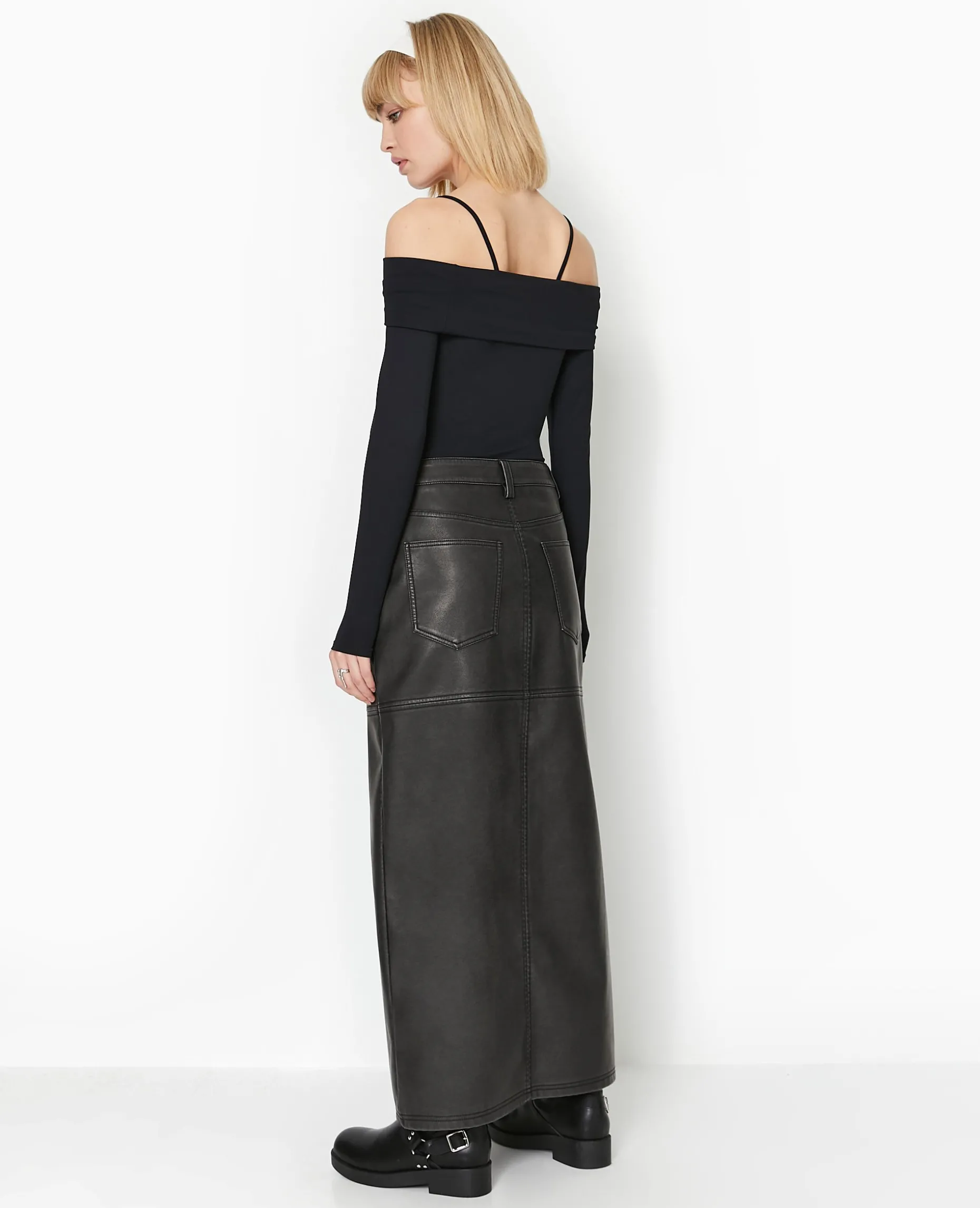 Jupe Longue En Faux Cuir Used Avec Poches - Gris Foncé
