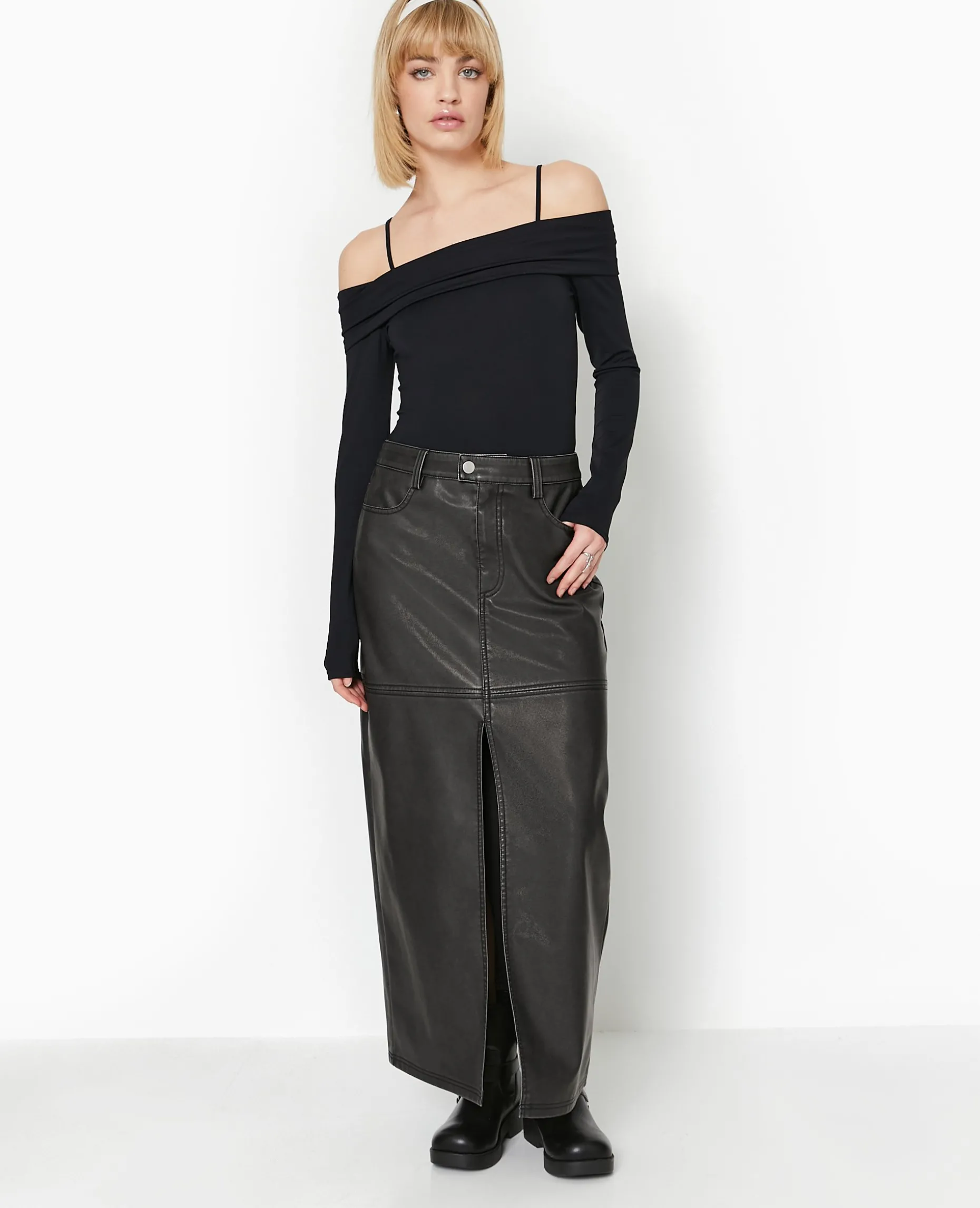 Jupe Longue En Faux Cuir Used Avec Poches - Gris Foncé