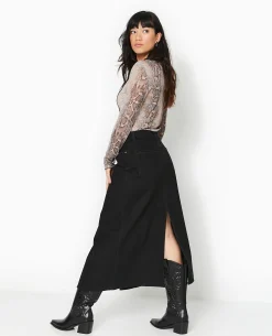 Jupe Longue En Jean Avec Fentes - Noir