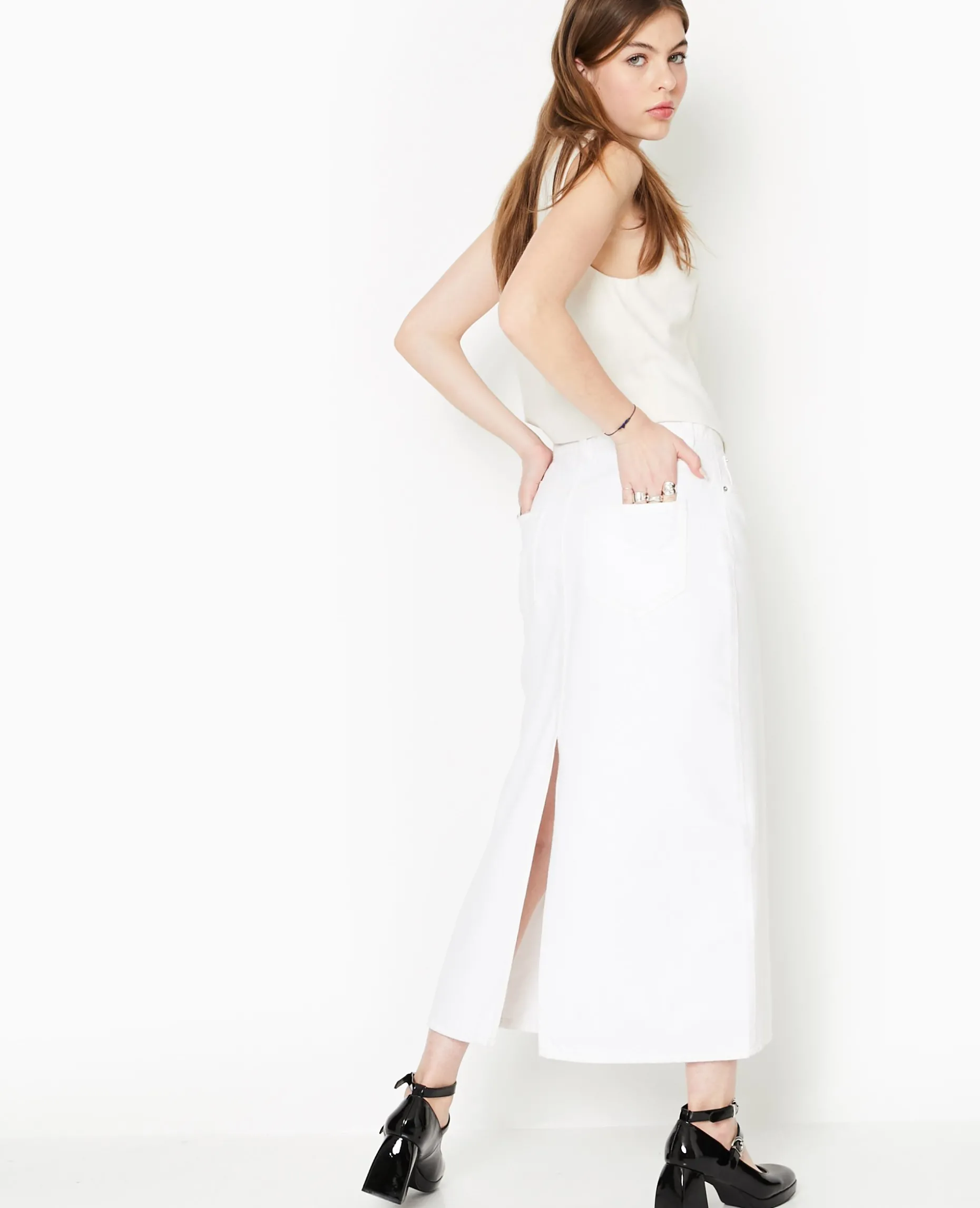 Jupe Longue En Jean Avec Fentes - Blanc