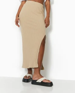 Jupe Longue En Maille Côtes Plates - Beige