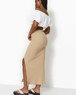 Jupe Longue En Maille Côtes Plates - Beige