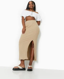 Jupe Longue En Maille Côtes Plates - Beige