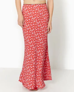 Jupe Longue En Tissu Fluide Motif Fleurs - Rouge