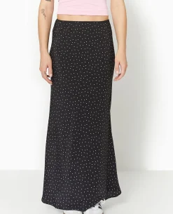 Jupe Longue En Tissu Fluide Motif Pois - Noir